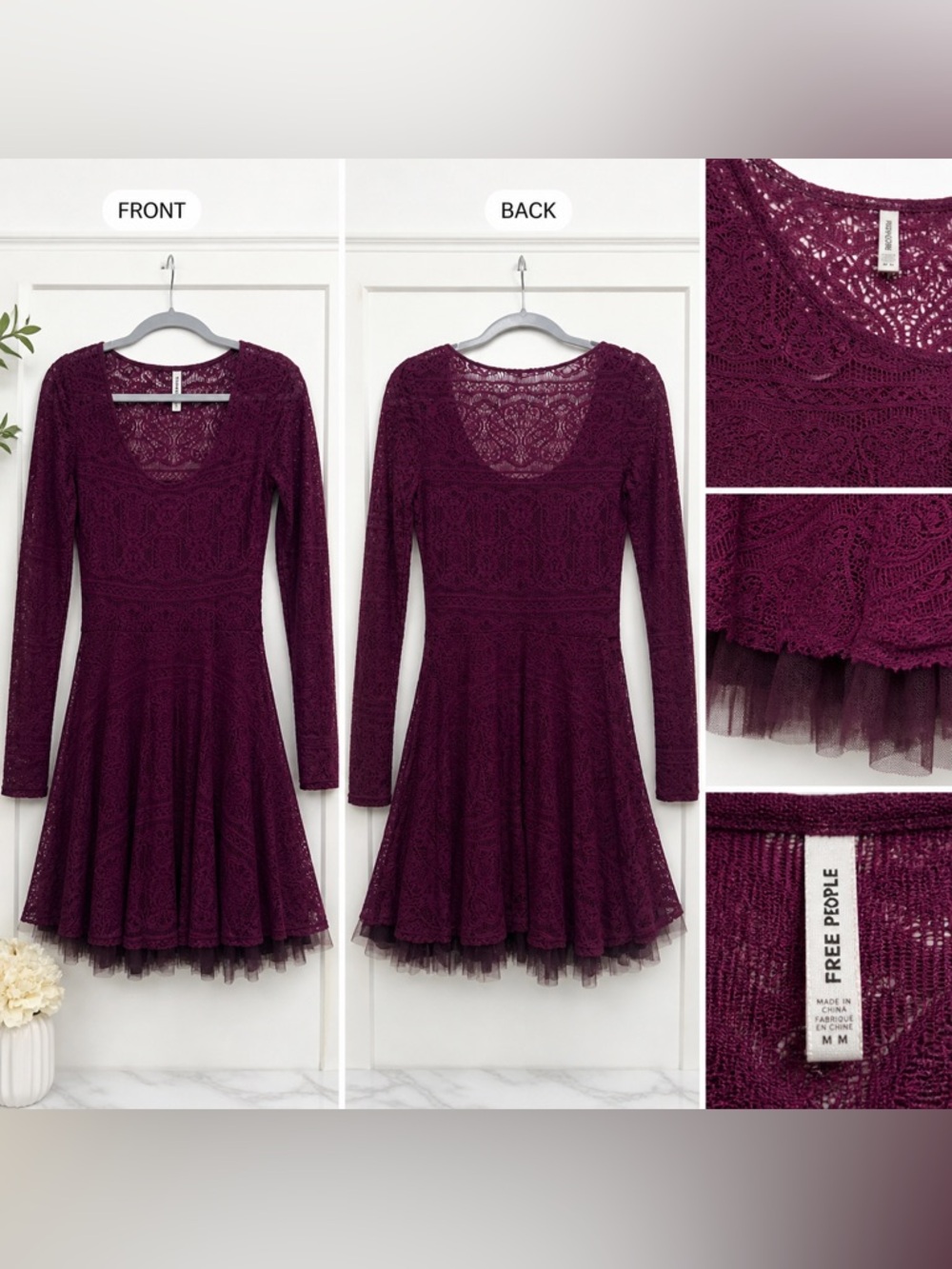 Free People Burgundy Lace Fit & Flare Dress Long Sleeve Mini S